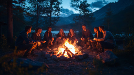 A group of friends gathered around a campfire at dusk, roasting marshmallows and sharing stories, capturing the warmth and camaraderie of a camping trip.の素材