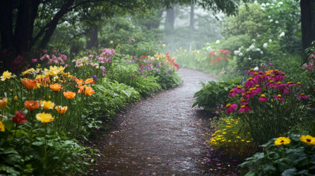 A serene garden path lined with flowers covered in dew, inviting viewers to take a peaceful stroll and appreciate the beauty of nature after a refreshing rain.の素材