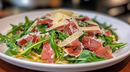 A gourmet plate of pasta tossed with arugula and Prosciutto di Parma, garnished with shaved Parmesan, showcasing a modern twist on classic Italian flavors.の素材