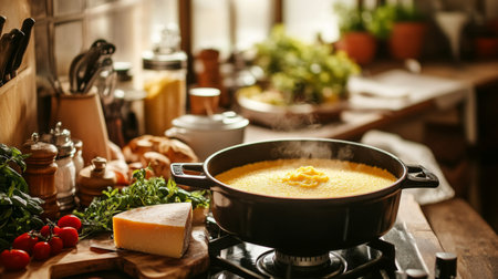 A rustic Italian kitchen scene with a pot of polenta bubbling on the stove, surrounded by fresh ingredients like cornmeal, herbs, and cheese, capturing the essence of homemade cooking.の素材