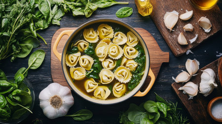 A cozy kitchen scene with a pot of tortellini simmering in broth, surrounded by fresh ingredients like garlic, spinach, and herbs, showcasing a comforting home-cooked meal.の素材