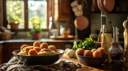 A cozy Italian kitchen scene with a bowl of risotto in the background and arancini on the counter, showcasing the steps involved in making this beloved dish.の素材