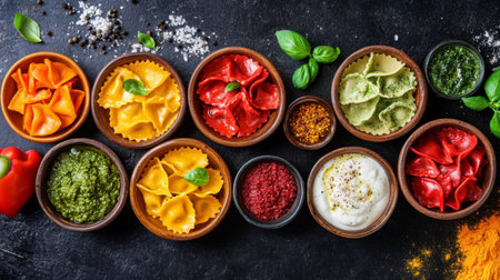 A vibrant overhead shot of colorful ravioli served with a variety of sauces, including pesto and cream, highlighting the dish's versatility and artistic presentation.の素材