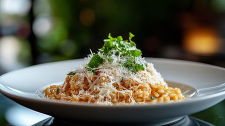 A creamy plate of risotto garnished with freshly grated Parmesan cheese and vibrant herbs, showcasing the rich texture and inviting aroma of this classic Italian dish.の素材