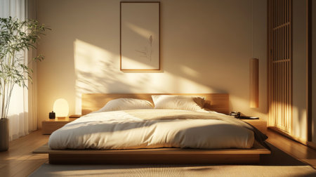 A tranquil Muji-style bedroom with a low-profile bed, soft bedding in earthy tones, and a minimalist aesthetic, promoting relaxation and a clutter-free environment.の素材