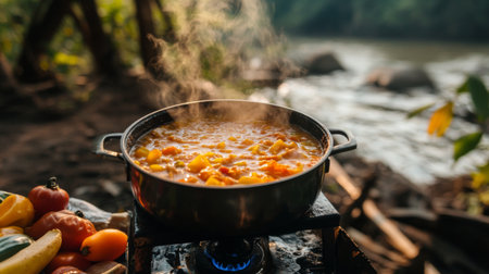 A close-up of a camping stove with a pot of soup simmering, surrounded by fresh ingredients, highlighting the joys of cooking outdoors in nature.の素材