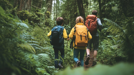 A family hiking through a lush forest, with backpacks and camping gear, exploring the beauty of nature while preparing for a fun camping adventure.の素材
