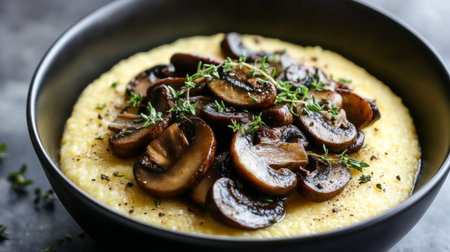 A warm bowl of creamy polenta topped with sauted mushrooms and fresh herbs, showcasing its smooth texture and rich flavor, perfect for a comforting meal.の素材