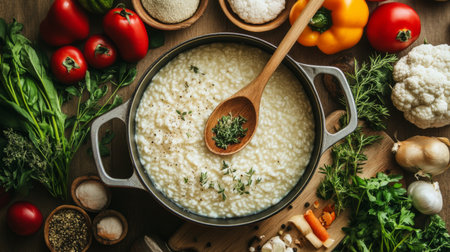 A rustic kitchen scene with a wooden spoon resting in a pot of risotto, surrounded by fresh vegetables, herbs, and spices, showcasing the ingredients used for a homemade meal.の素材