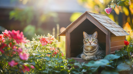 A cozy cat house nestled in a sunny garden, featuring a playful feline lounging on the roof, surrounded by colorful flowers and greenery, creating a perfect cat retreat.の素材