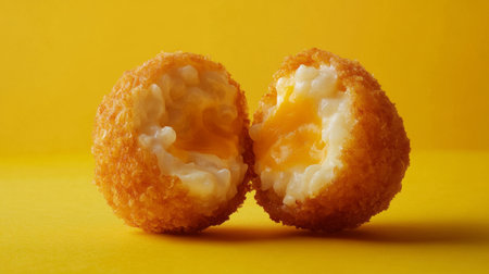 A close-up of a halved arancini ball, revealing the gooey cheese and savory filling inside, showcasing the mouthwatering textures and flavors of this classic treat.の素材