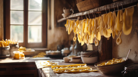 A rustic Italian kitchen with freshly made tortellini hanging on a drying rack, emphasizing the traditional preparation methods and authenticity of homemade pasta.の素材