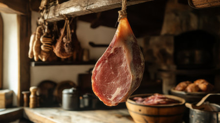 A rustic kitchen scene featuring a large leg of Prosciutto di Parma hanging from a wooden beam, emphasizing the artisanal craftsmanship behind this Italian delicacy.の素材