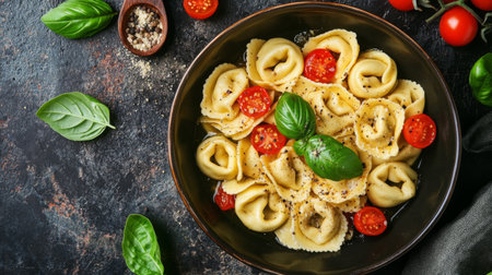 A vibrant overhead shot of tortellini in a bowl, garnished with fresh basil leaves and cherry tomatoes, emphasizing the colorful presentation and freshness of the dish.の素材