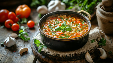 A rustic kitchen scene featuring a pot of simmering minestrone on the stove, surrounded by fresh herbs, vegetables, and garlic, showcasing the warmth of homemade cooking.の素材