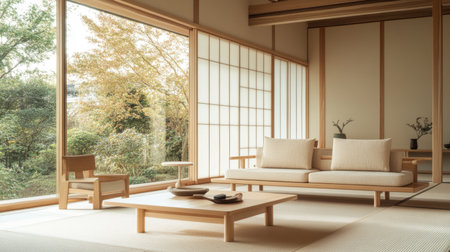 A serene Muji-inspired living room featuring a minimalist design with natural wood furniture, neutral tones, and large windows that let in ample natural light, creating a peaceful retreat.の素材