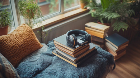 A cozy reading nook featuring a portable audio player, headphones, and a stack of books, inviting relaxation and enjoyment of audiobooks or music.の素材