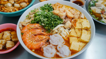 A vibrant overhead shot of a variety of  served with different proteins, such as chicken, tofu, and shrimp, showcasing the versatility and appeal of this classic dish.の素材