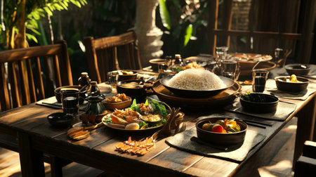 A rustic dining table set for a Thai meal, featuring a large serving of , sticky rice, and traditional side dishes, creating an inviting scene for family and friends.の素材
