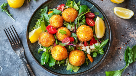 A vibrant overhead shot of arancini served with a fresh salad and lemon wedges, emphasizing the colorful presentation and inviting nature of this Italian comfort food.の素材