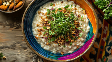 A vibrant overhead shot of a risotto dish served in a colorful bowl, garnished with microgreens and roasted nuts, showcasing the dishs artistic presentation.の素材