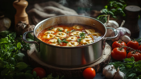 A rustic kitchen scene featuring a pot of ravioli simmering in a bubbling broth, surrounded by fresh herbs, tomatoes, and garlic, showcasing a comforting home-cooked meal.の素材