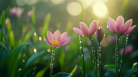 A tranquil garden scene featuring various blooming flowers, each adorned with delicate dew drops, reflecting the soft morning light and creating a serene atmosphere.の素材