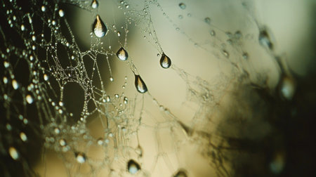Macro shot of raindrops on a spider web, glistening in the soft morning light.の素材