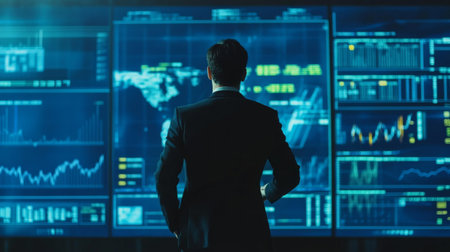 A businessman standing in front of a large screen displaying financial graphs, stock market data, and futuristic analytics.の素材