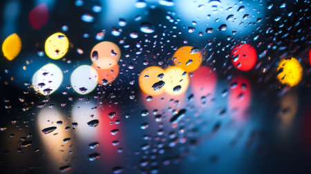 A close-up of water droplets on a car windshield, reflecting city lights at night.の素材