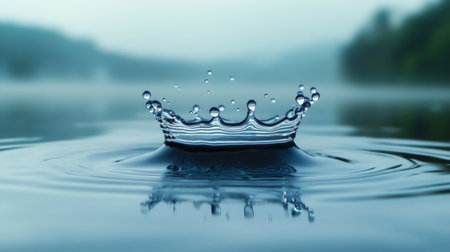 Slow-motion capture of a water droplet splashing into a calm lake, forming a perfect crown shape.の素材