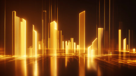 A shining D golden bar chart representing the increase in gold prices, set against a dark professional background.の素材