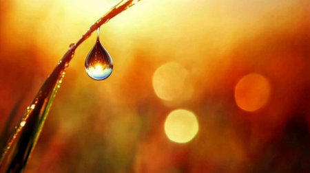 A single water droplet hanging from the tip of a vibrant green blade of grass, with a blurred natural background.の素材
