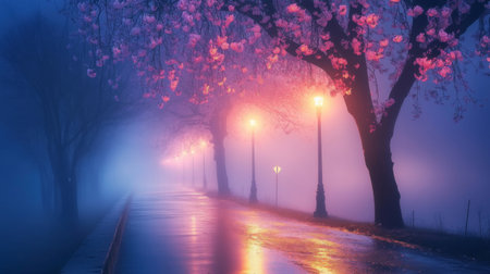 A foggy road at night, where streetlights create a dramatic glow through the mist.の素材