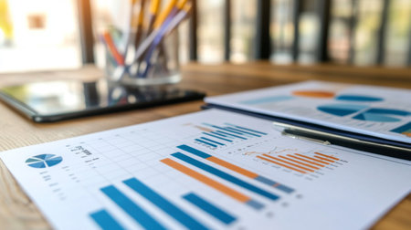 A well-organized business presentation slide featuring clear bar charts, line graphs, and key financial metrics.の素材