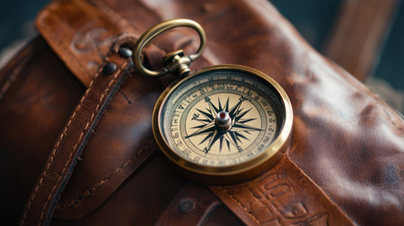 A compass placed on a leather travel bag, ready for an adventurous journey.の素材