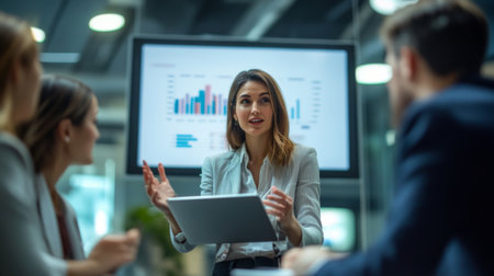 A businesswoman presenting a market analysis graph on a digital tablet, with colleagues attentively listening.の素材