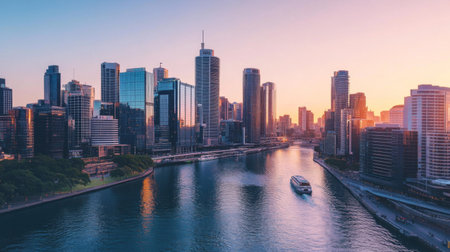 A modern urban skyline with iconic skyscrapers and a river running through the city.の素材