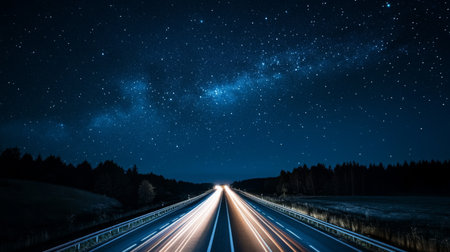 A deserted highway under a starry sky, with a single car approaching in the distance.の素材