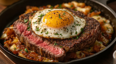 A juicy steak topped with a fried egg, served on a hot cast iron plate with crispy hash browns.の素材