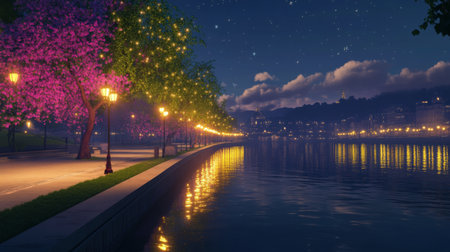 A scenic riverside road at night, lined with glowing streetlights reflecting on the calm water.の素材