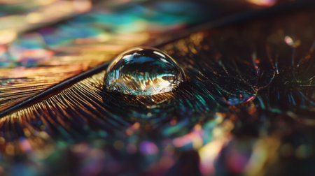 Macro shot of a single raindrop on a peacock feather, reflecting vibrant iridescent colors.の素材