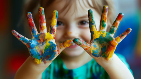 A child with paint-stained hands, happily showing their masterpiece on paper.の素材