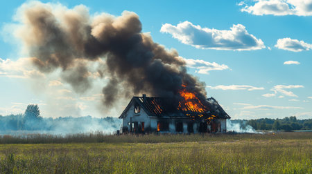 A burning house seen from a distance, thick black smoke rising against the blue sky.の素材