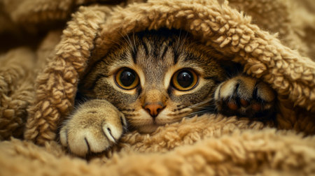 A cat snuggled under a fluffy blanket, with only its ears and paws peeking out on a cozy bed.の素材