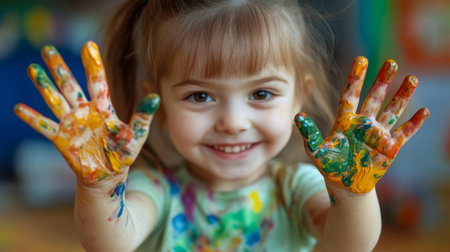 A child with paint-stained hands, happily showing their masterpiece on paper.の素材