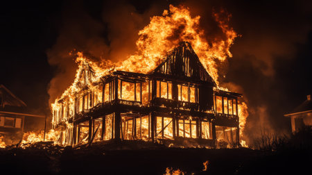 A burning residential building with intense fire consuming the wooden structure, dark smoke billowing.の素材