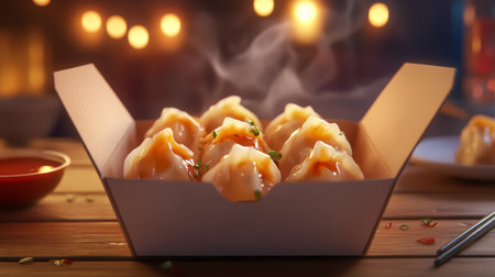 A takeaway box of steaming hot dumplings, served with soy sauce and chili oil.の素材