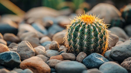 A cactus thriving in rocky terrain, surrounded by stones and pebbles.の素材