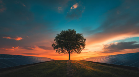 A lone tree standing next to a solar farm, symbolizing the balance between nature and technology.の素材